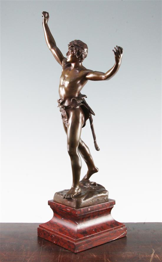 A late 19th / early 20th century brown patinated bronze of a classical hunter, 19in.